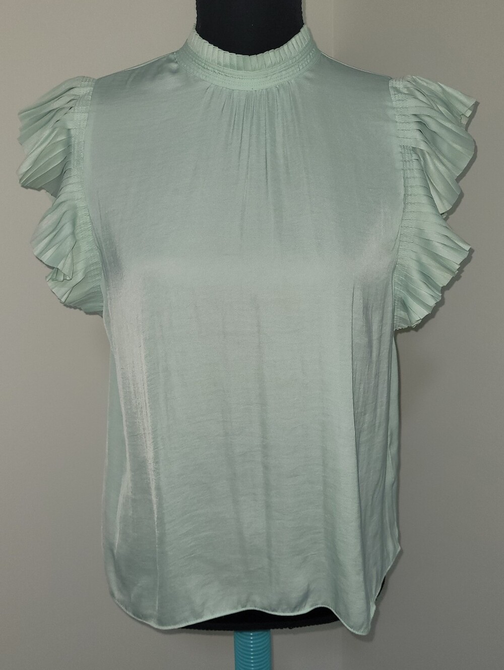 Maison D'Amelie Women's Ruffled Sleeve Mock Neck Blouse Mint Green Small Flowy